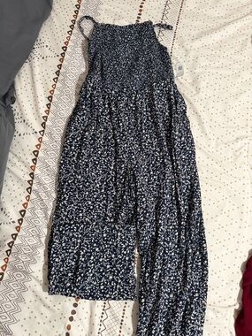 Old Navy Blue and White Smocked Floral Wide-Leg Jumpsuit